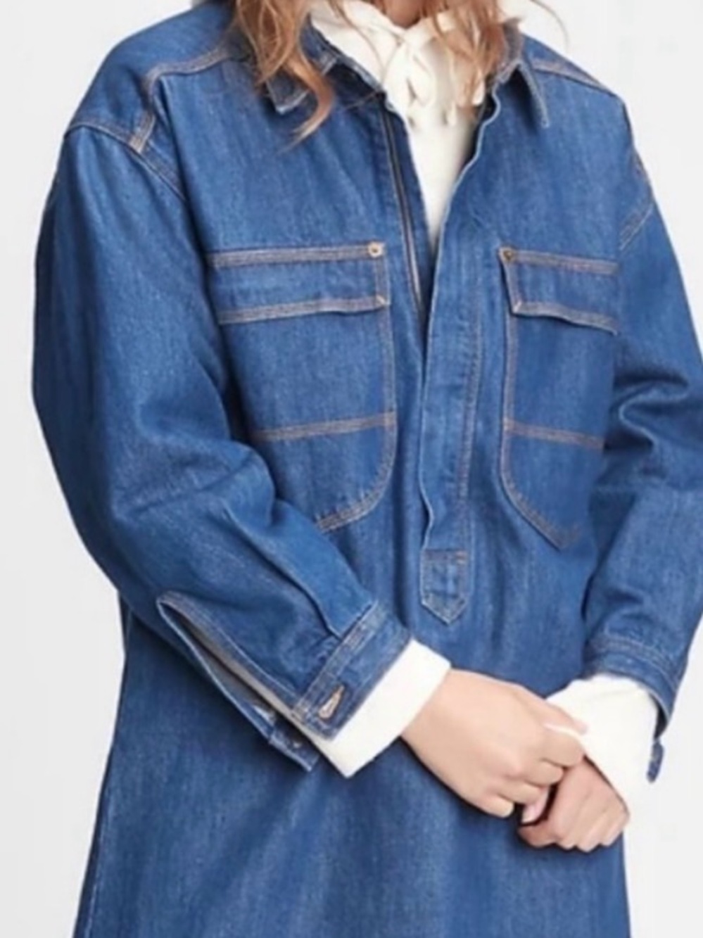 Relaxed Long-Sleeve Denim Shirt Dress - Blue